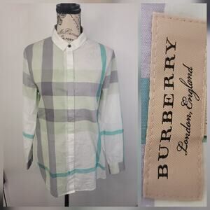 Burberry Check Print Cotton Shirt Womens SZ S Button Down Pale Opal Green Gray
